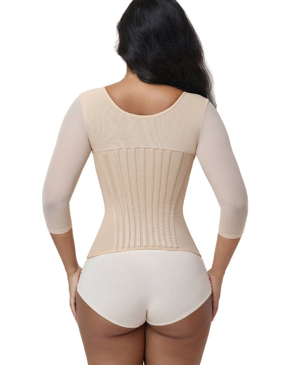 V Neck 3/4 Mesh Sleeve Zipper Waist Trainer High Compression Shaping Top