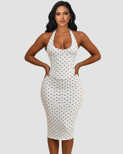 Polka Dot Hourgalss Corset Halter Midi Dress with Lace-Up Back Two-Piece Set