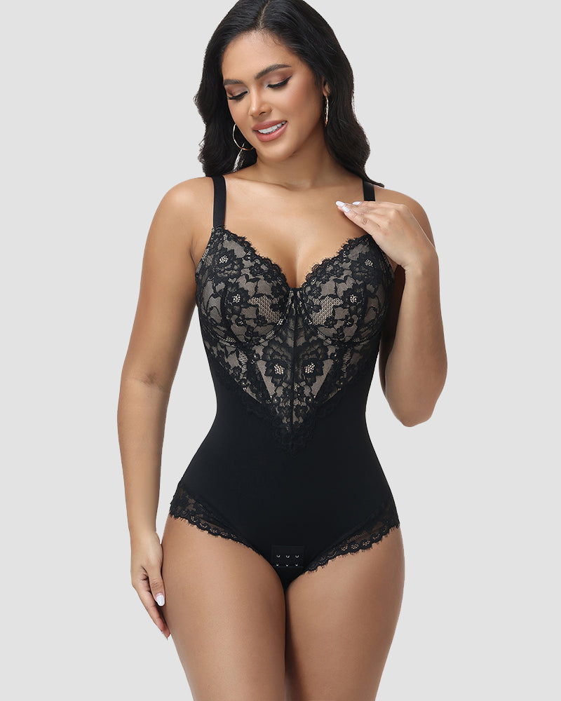 Shapshe® Front and Back Deep V Lace Trim Shapewear Bodysuit