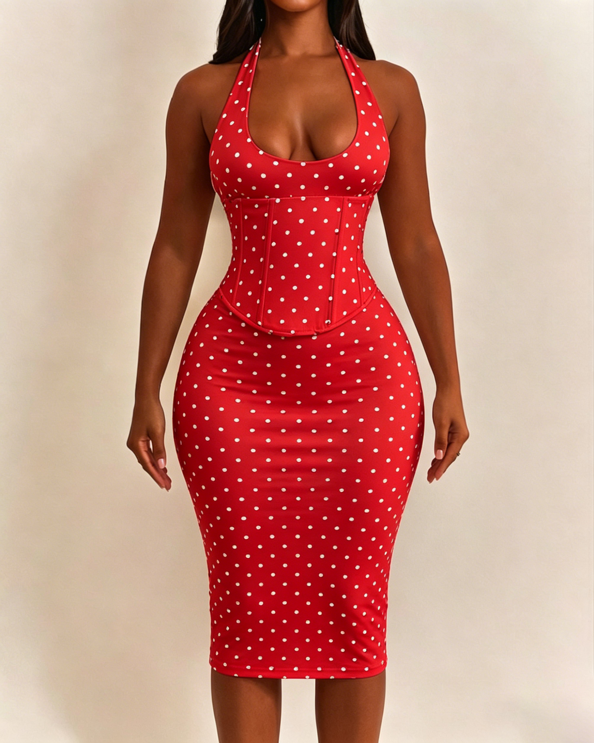 Polka Dot Hourgalss Corset Halter Midi Dress with Lace-Up Back Two-Piece Set