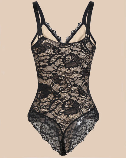 Sexy One Piece Deep V Neck Backless Lace Thong Shapewear Bodysuit