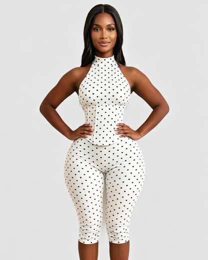 Polka Dot Halter Neck Backless Slim-Fit Stretch Capri Jumpsuit