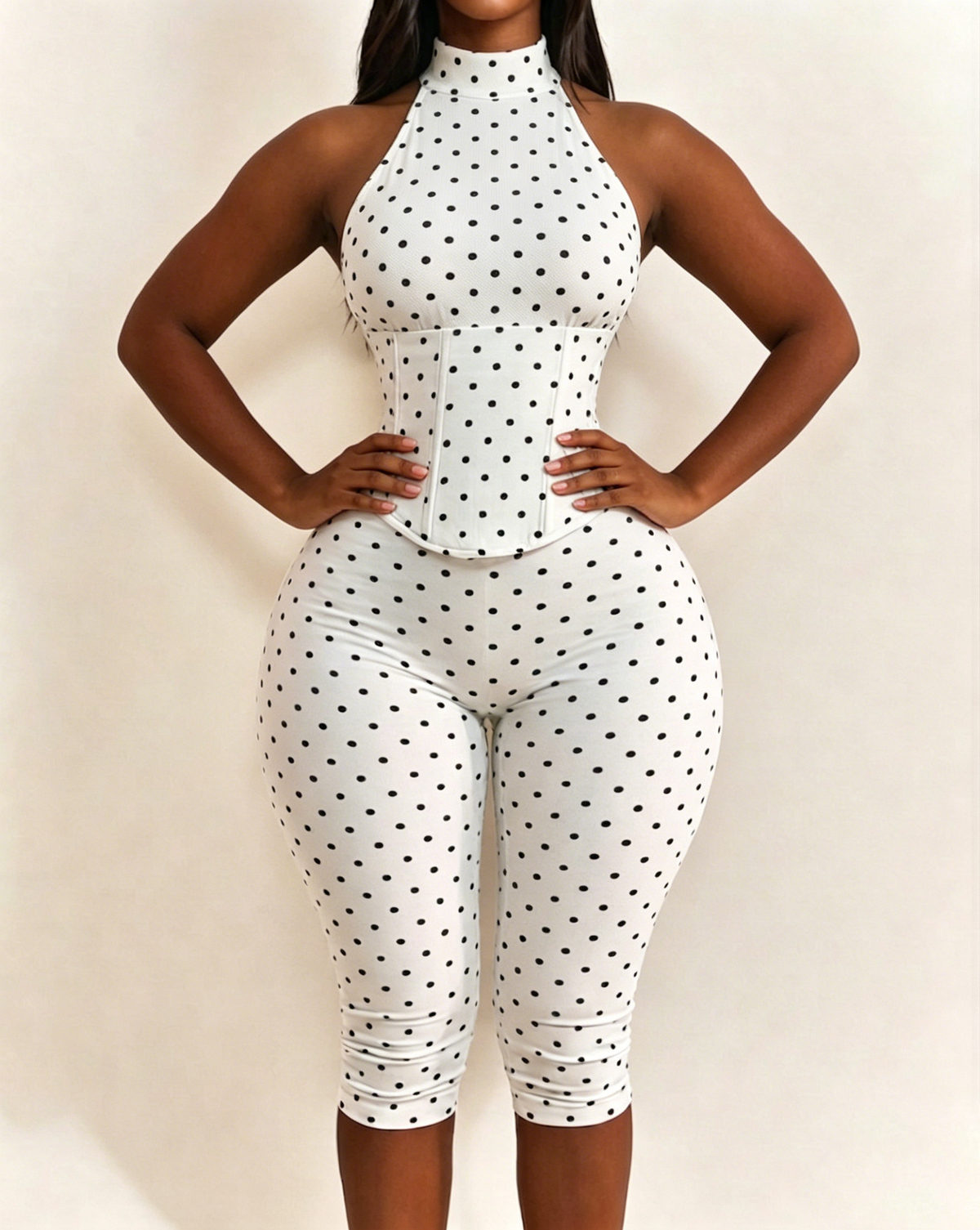 Polka Dot Halter Neck Backless Slim-Fit Stretch Capri Jumpsuit