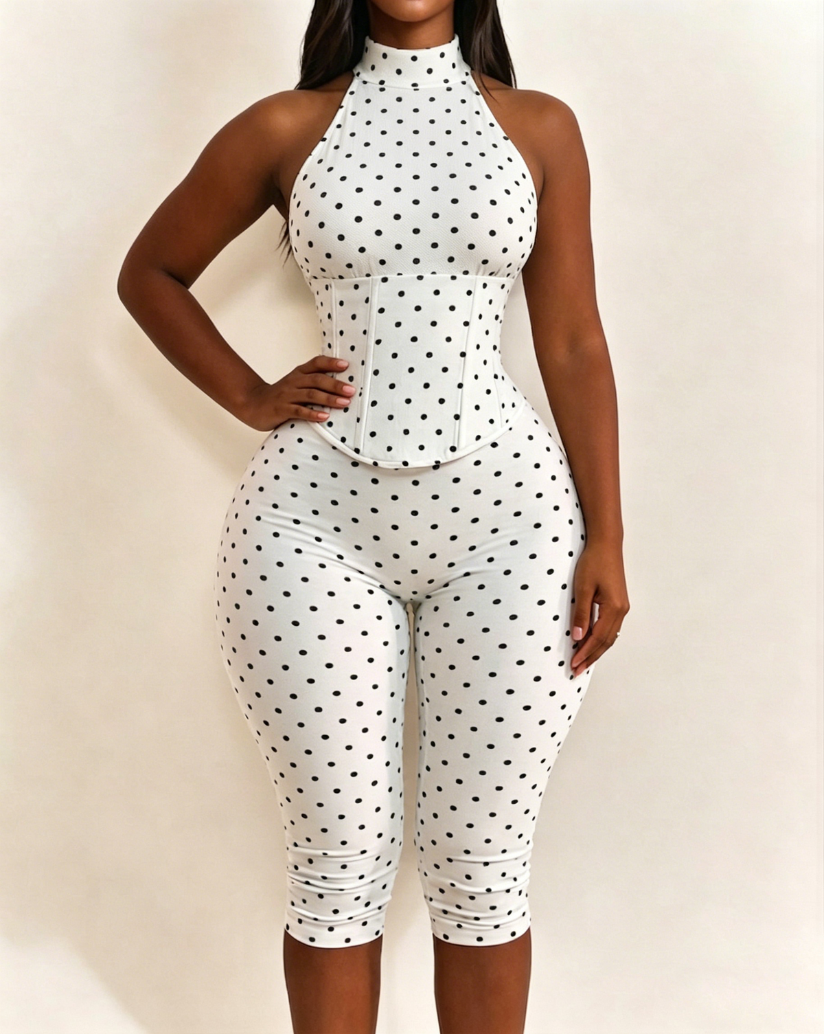 Polka Dot Halter Neck Backless Slim-Fit Stretch Capri Jumpsuit