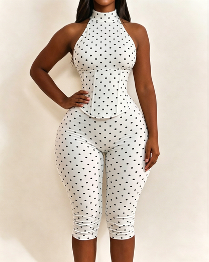 Polka Dot Halter Neck Backless Slim-Fit Stretch Capri Jumpsuit