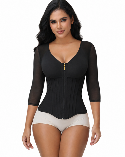 V Neck 3/4 Mesh Sleeve Zipper Waist Trainer High Compression Shaping Top